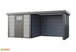 Abri De Jardin En Métal Avec Auvent Vitré Lounge – 12,5 M² -MON AMENAGEMENT JARDIN Soldes cabane jardin auvent vitre droite gris