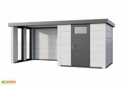 Abri De Jardin En Métal Avec Auvent Vitré Lounge – 12,5 M² -MON AMENAGEMENT JARDIN Soldes cabanon jardin auvent vitre gauche blanc