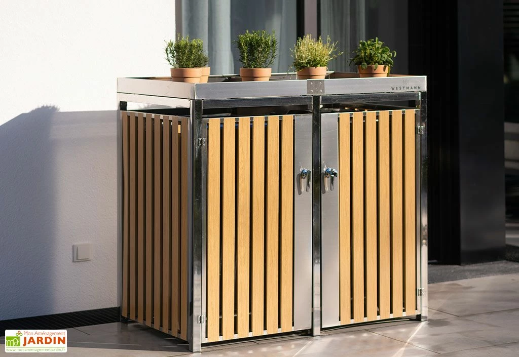 Cache Poubelle Extérieur Double Inox Imitation Bois – 2x 240 Litres 3 Cache Poubelle Extérieur Double Inox Imitation Bois – 2x 240 Litres