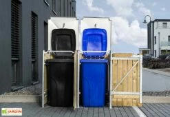 Cache-poubelle Double En Acier Et Bois De Pin Traité 139 X 80 X 115 Cm -MON AMENAGEMENT JARDIN Soldes cache poubelle double acier bois hide ouvert 1