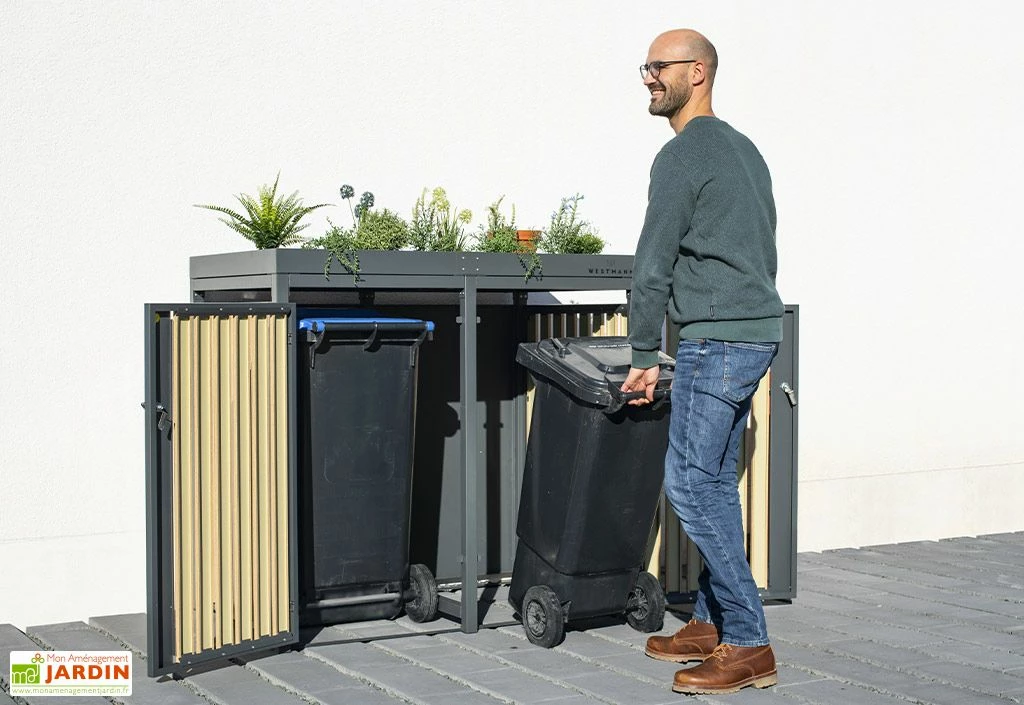 Cache Poubelle Extérieur Double Acier Imitation Bois – 2x 240 Litres 4 Cache Poubelle Extérieur Double Acier Imitation Bois – 2x 240 Litres – Image 2