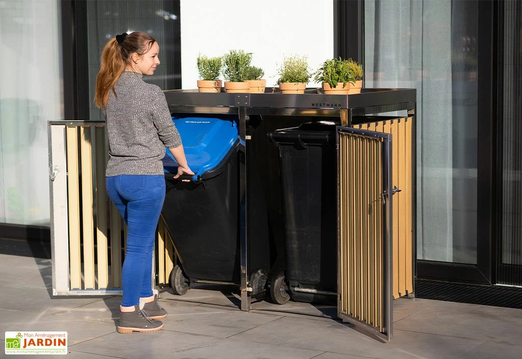 Cache Poubelle Extérieur Double Inox Imitation Bois – 2x 240 Litres 4 Cache Poubelle Extérieur Double Inox Imitation Bois – 2x 240 Litres – Image 2