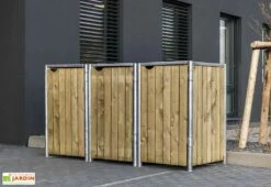 Cache-poubelle Triple En Acier Et Bois De Pin Traité 209 X 80 X 115 Cm -MON AMENAGEMENT JARDIN Soldes cache poubelle triple acier bois hide 1