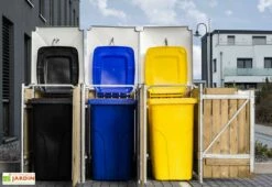 Cache-poubelle Triple En Acier Et Bois De Pin Traité 209 X 80 X 115 Cm -MON AMENAGEMENT JARDIN Soldes cache poubelle triple acier bois ouvert