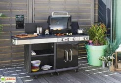 Cuisine D'extérieur Avec Desserte Et Barbecue Gaz 3 Brûleurs – 11,5 KW -MON AMENAGEMENT JARDIN Soldes cuisine exte rieur desserte barbecue 3 bru leurs 2