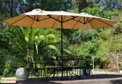 Parasol Rectangulaire 3 Têtes 4,6 M En Aluminium Et Toile Taupe - Wide -MON AMENAGEMENT JARDIN Soldes parasol droit 3 tetes aluminium toile polyester taupe 465cm 5