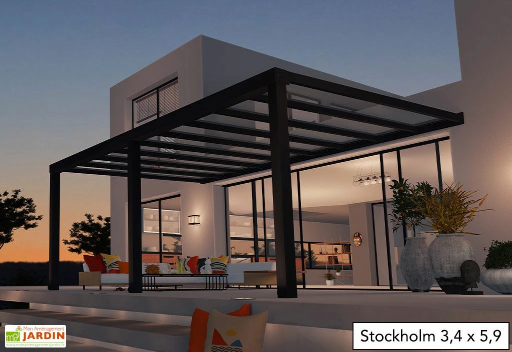 Pergola Adossée Aluminium Gris Et Polycarbonate - Stockholm 3,4 M + Stores 4 Pergola Adossée Aluminium Gris Et Polycarbonate - Stockholm 3,4 M + Stores – Image 2
