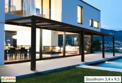 Pergola Adossée Aluminium Gris Et Polycarbonate - Stockholm 3,4 M + Stores 11 Pergola Adossée Aluminium Gris Et Polycarbonate - Stockholm 3,4 M + Stores -MON AMENAGEMENT JARDIN Soldes pergola alu polycarbonate stockholm palram 32m2 1