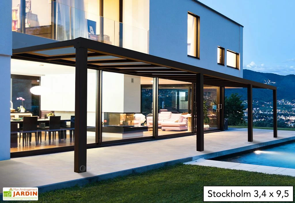 Pergola Adossée Aluminium Gris Et Polycarbonate - Stockholm 3,4 M + Stores 6 Pergola Adossée Aluminium Gris Et Polycarbonate - Stockholm 3,4 M + Stores – Image 4