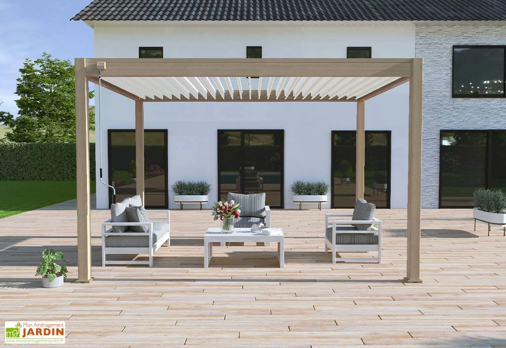 Pergola Bioclimatique Ombréa En Aluminium 3 X 4 M Autoportée - Imitation Bois 3 Pergola Bioclimatique Ombréa En Aluminium 3 X 4 M Autoportée - Imitation Bois