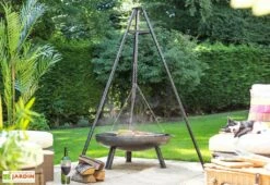 Trépied Pour Braséro Avec Grille De Cuisson Chromée : 65 X 172 Cm -MON AMENAGEMENT JARDIN Soldes trepied brasero grille cuisson 65cm chrome 172cm 2