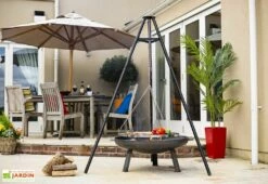 Trépied Pour Braséro Avec Grille De Cuisson Chromée : 65 X 172 Cm -MON AMENAGEMENT JARDIN Soldes trepied brasero grille cuisson 65cm chrome 172cm